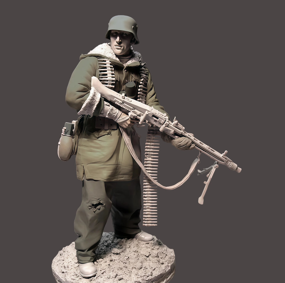 120mm WWI German Soldier with Machine Gun, Resin Model Figure Kit, Unassembled and Unpainted