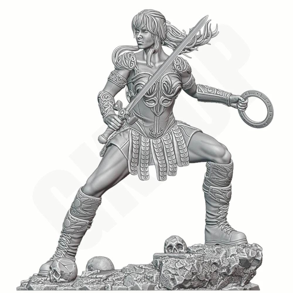 1/24 Female Warrior in Gold Ornate Armor with Curved Sword, Resin Model Figure Kit, Fantasy Theme, Unassembled and Unpainted