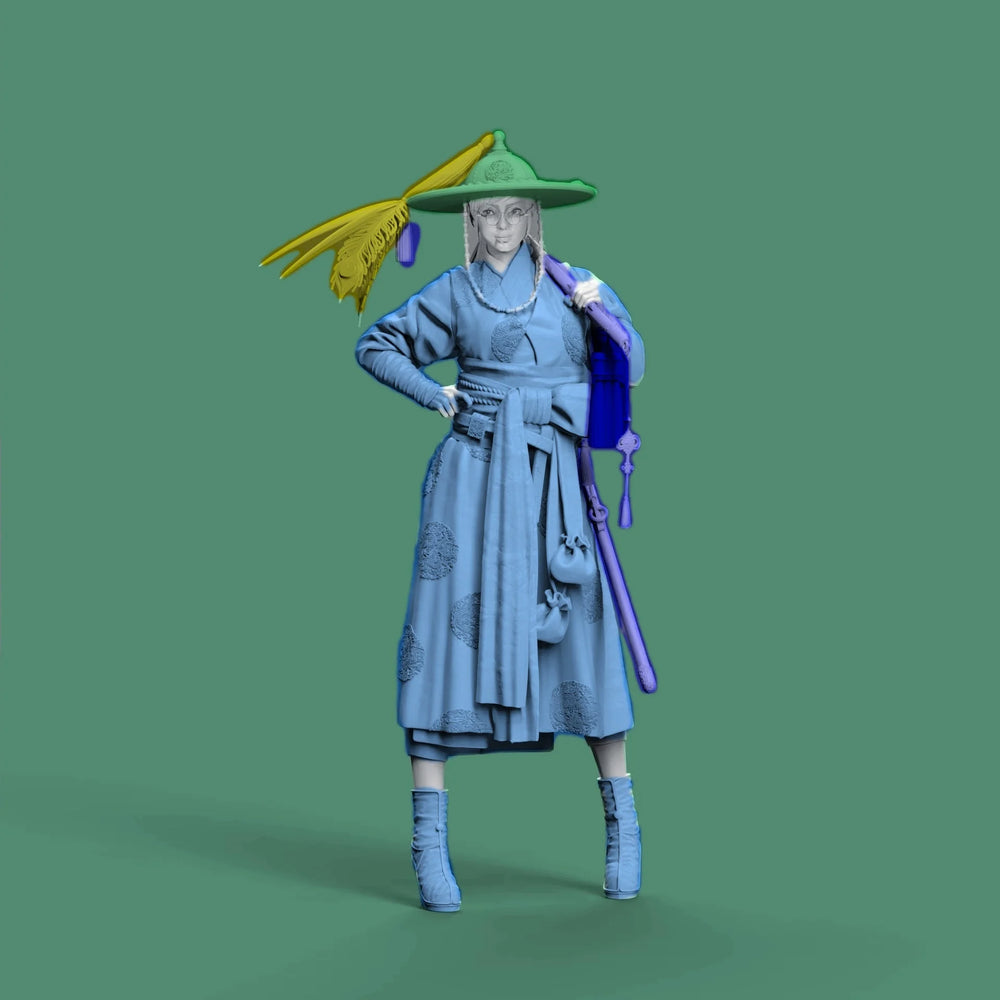 1/12 Female Swordmaster in Armor Robe with Cone Hat, Resin Model Figure Kit, Fantasy Theme, Unassembled and Unpainted
