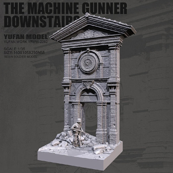 1/35 WWII Damaged Clock Tower Machine Gun Nest, 2 Figures, Resin Model Diorama Kit, Unassembled and Unpainted