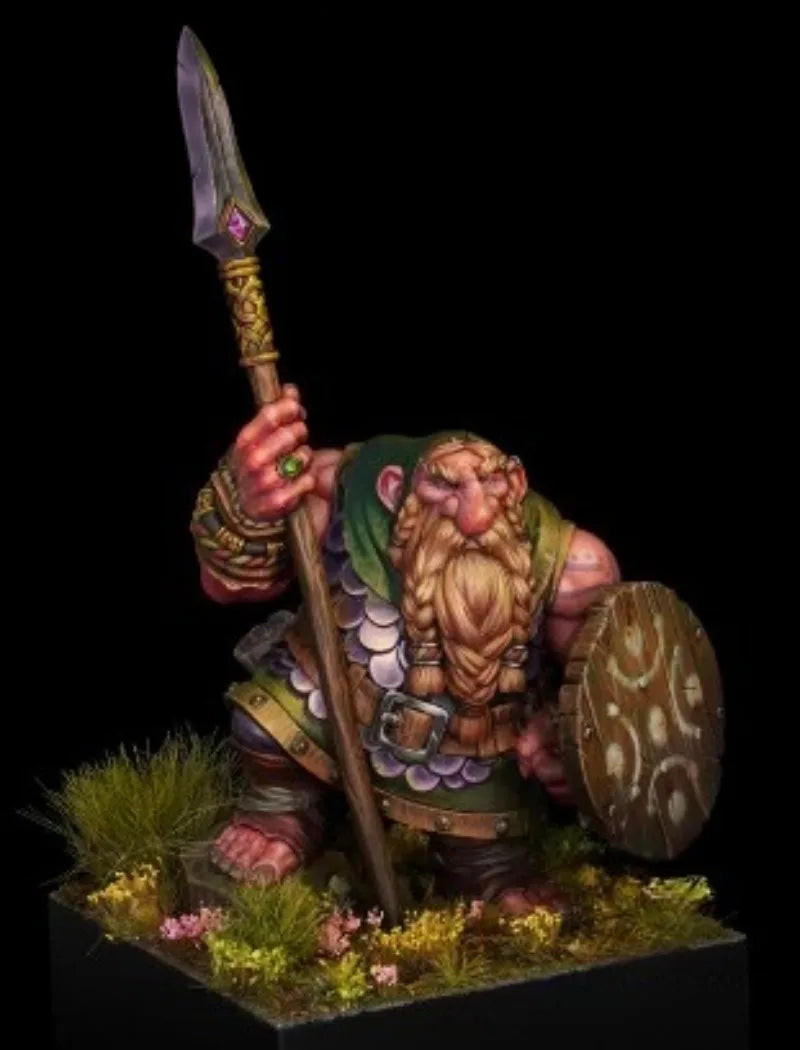 60mm Blonde Dwarf Spearman with Decorated Shield, Resin Model Figure Kit, Fantasy Theme, Unassembled and Unpainted