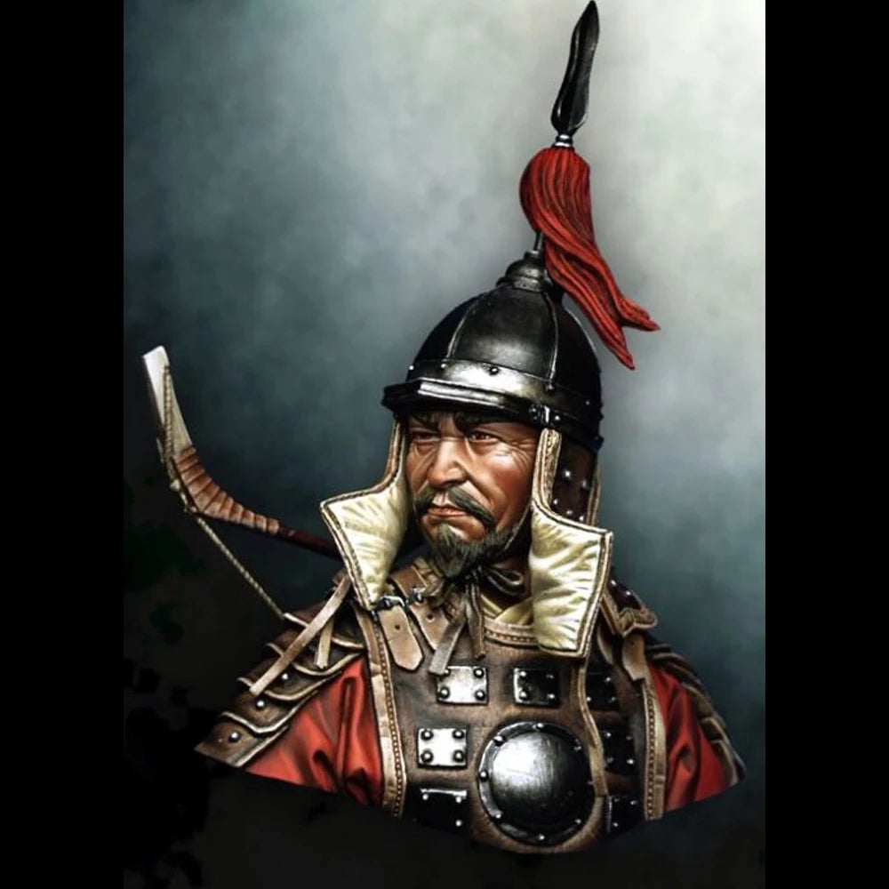 1/9 Medieval Mongol Cavalry Commander with Red Plume Helm, Resin Model Bust Kit, Unassembled and Unpainted