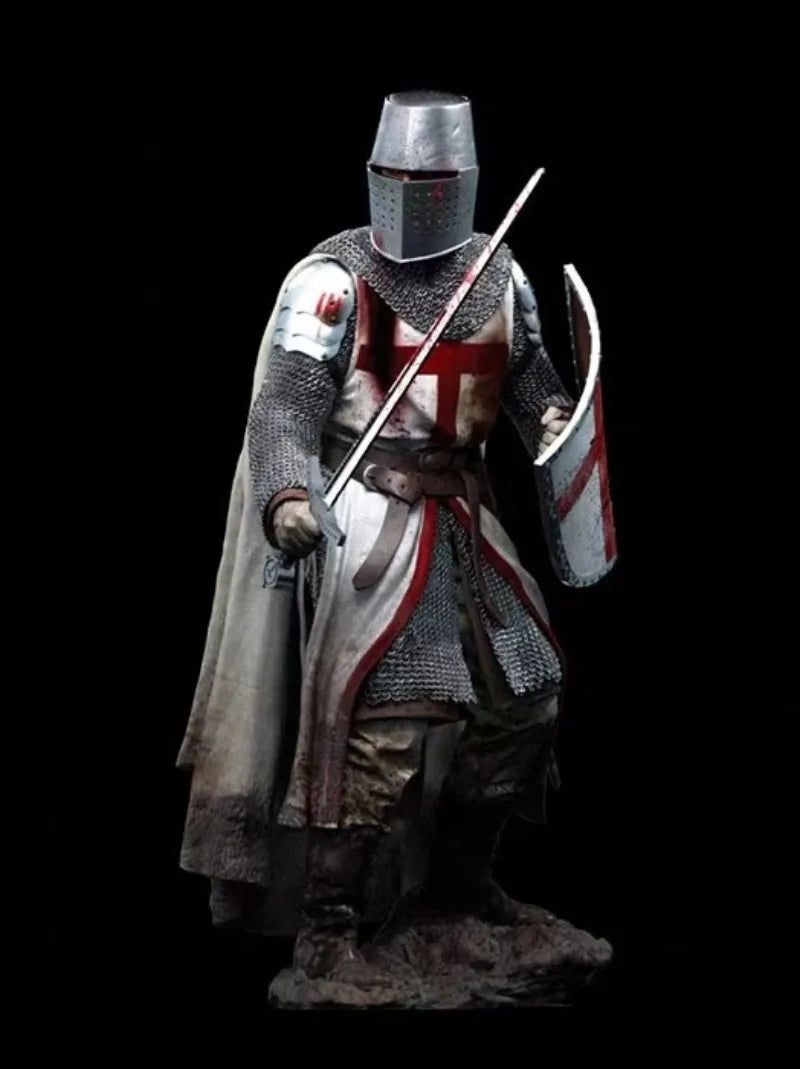 1/18 Medieval Templar Knight with Red Cross Kite Shield, Resin Model Figure Kit, Unassembled and Unpainted