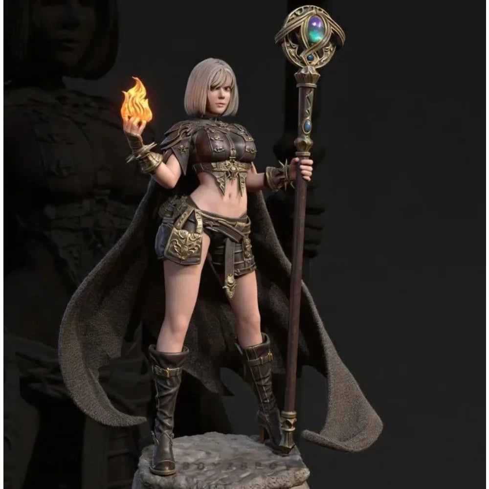 50mm Necromancer with Skull Staff and Flame, Resin Model Figure Kit, Fantasy Theme, Unassembled and Unpainted