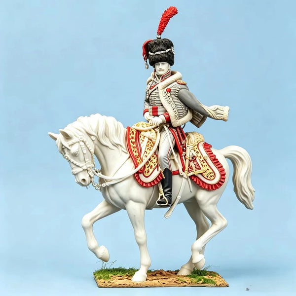 90mm Napoleonic French Cavalry Officer in Red with Plumed Hat, Resin Model Figure Kit, Unassembled and Unpainted