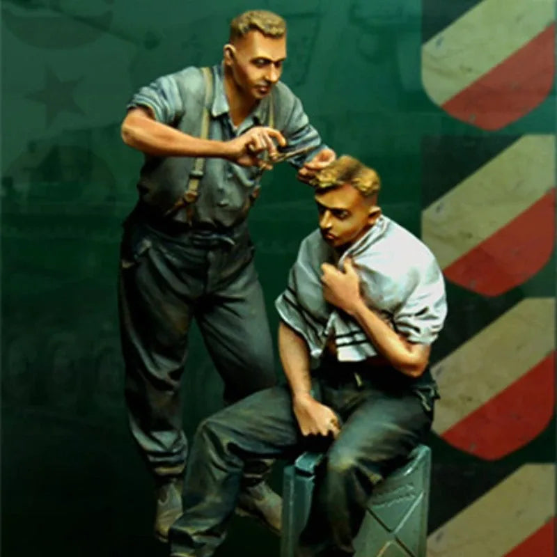 1/35 WWII Soldiers Barber Scene, 2 Figures, Resin Model Figure Kit, Unassembled and Unpainted