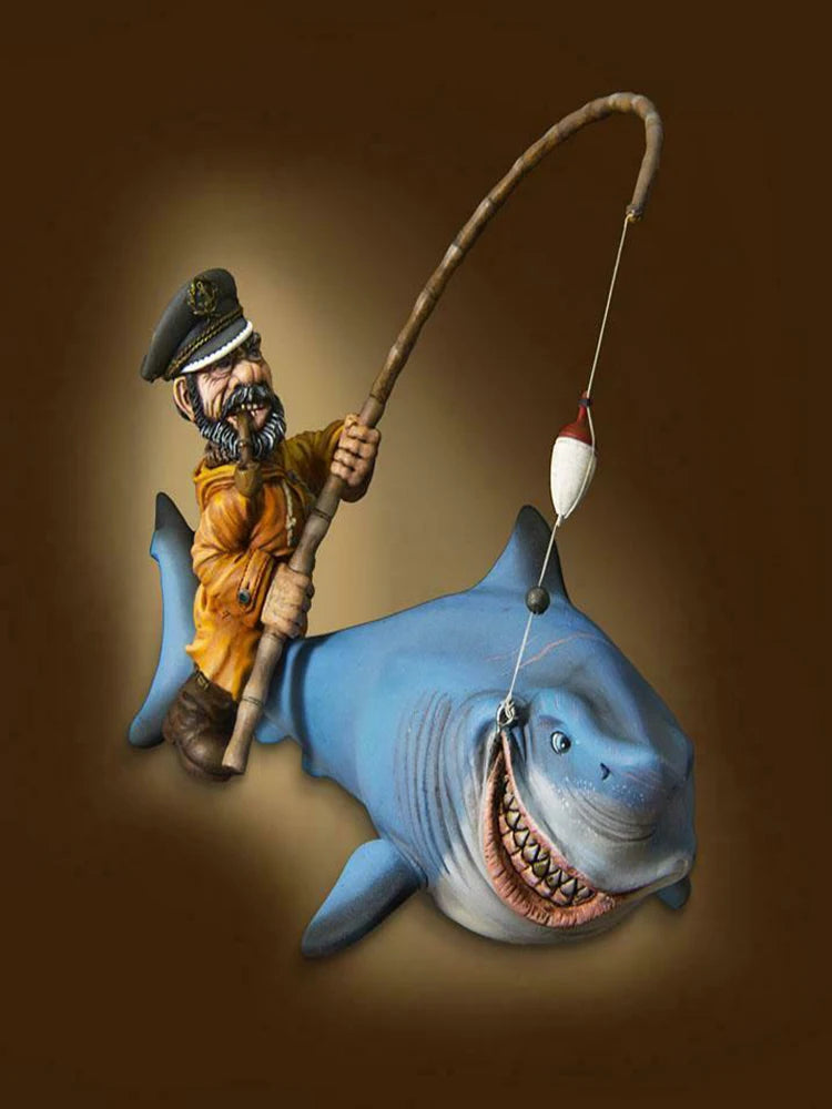 1/32 Fisherman with Shark, Resin Model Figure Kit, Historical Theme, Unassembled and Unpainted