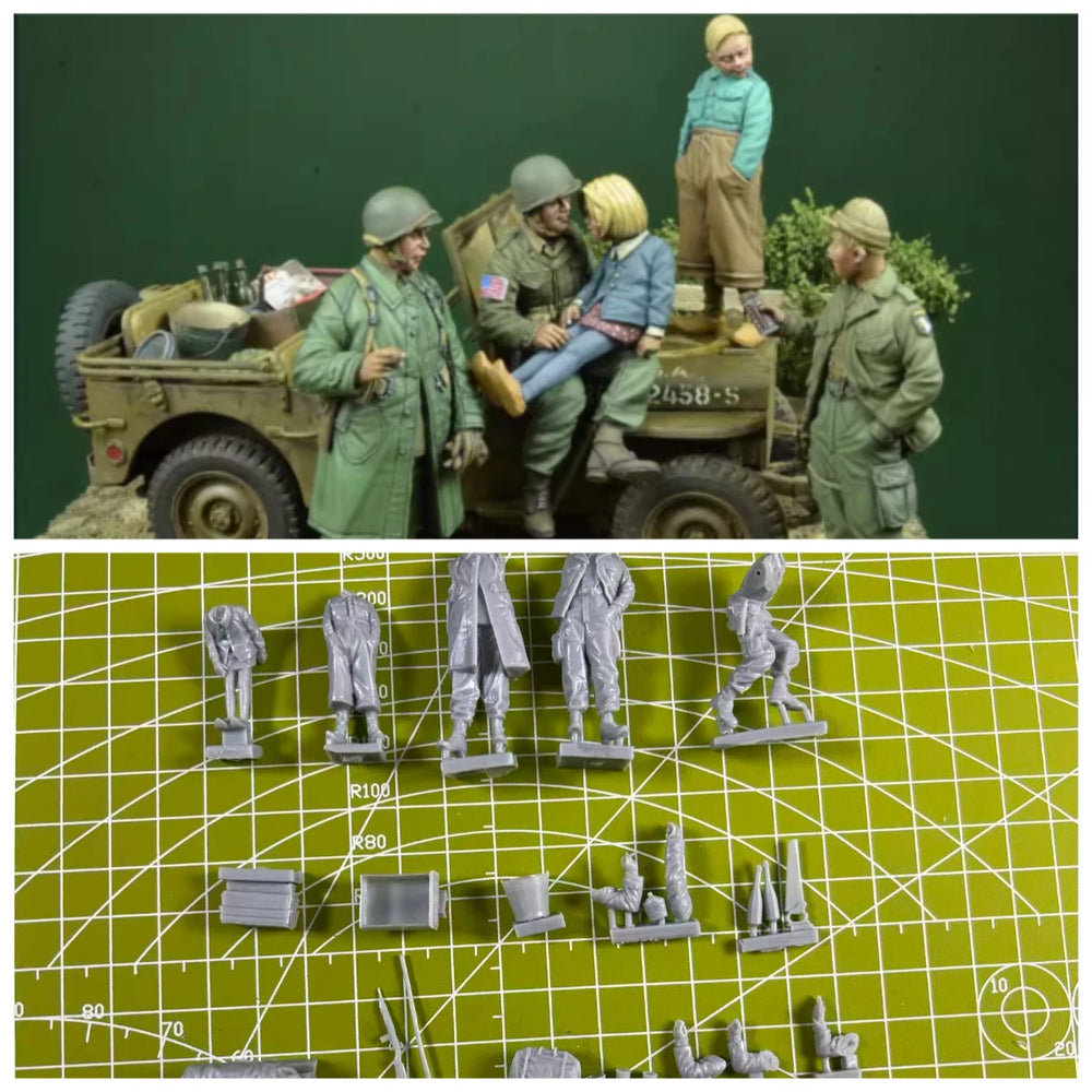 1/35 WWII American Soldier Scene, 9 Figures, Resin Model Diorama Kit, Unassembled and Unpainted