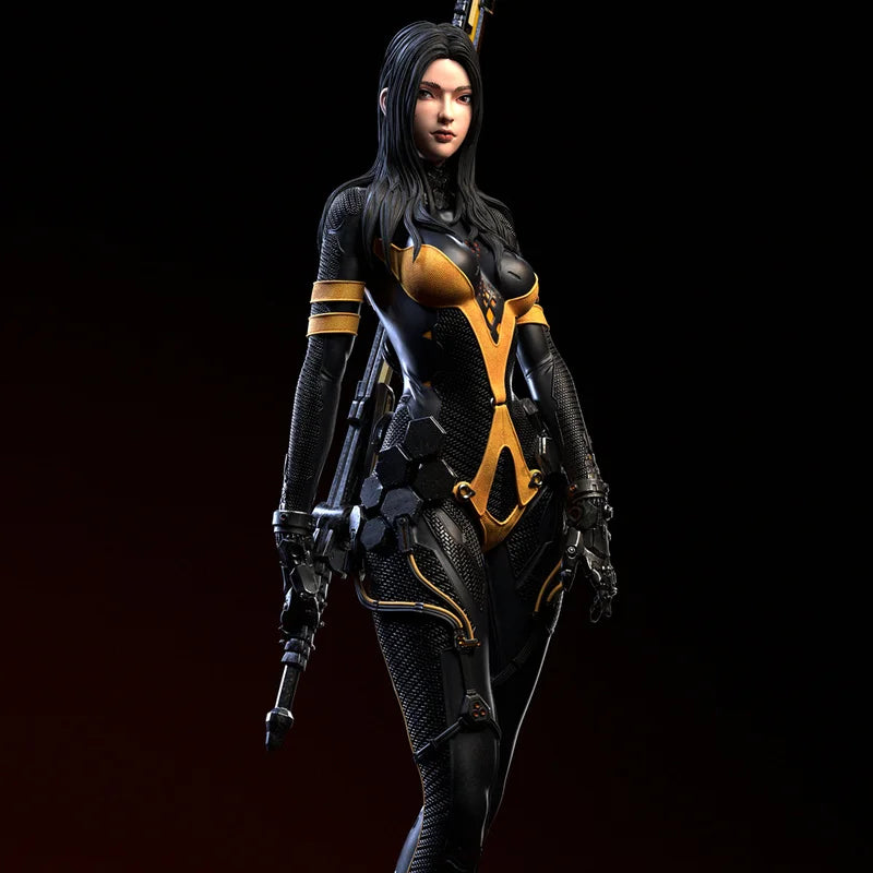 75mm Tactical Female Warrior with Orange-Accented Armor, Resin Model Figure Kit, Fantasy Theme, Unassembled and Unpainted