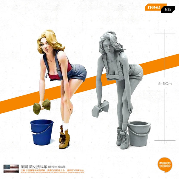 1/35 Pin-up in Tank Top and Jeans with Bucket, Resin Model Figure Kit, Unassembled and Unpainted