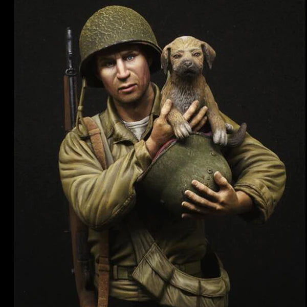 1/9 WWII US Infantry Soldier with Dog, 2 Figures, Resin Model Bust Kit, Unassembled and Unpainted