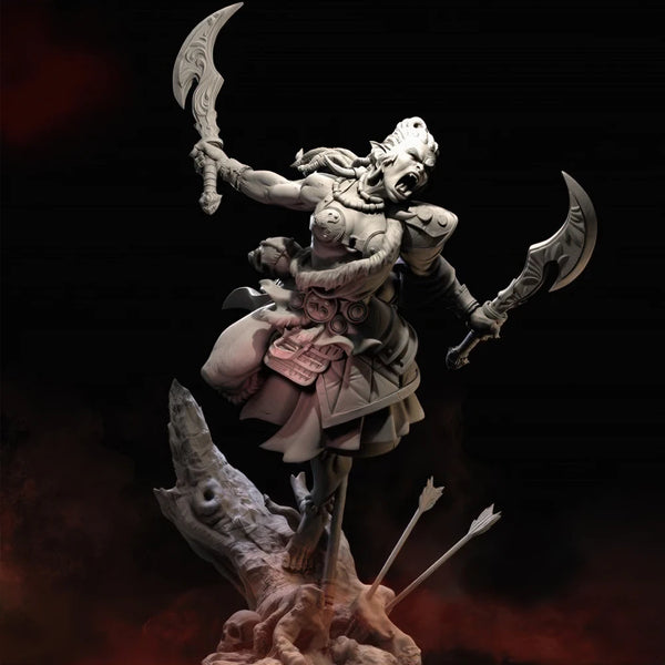 75mm Female Warrior with Dual Sickles on Crocodile, Resin Model Figure Kit, Fantasy Theme, Unassembled and Unpainted