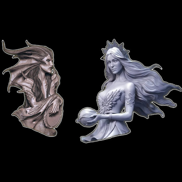1/10 Goddess of Light and Darkness, 2 Figures, Resin Model Bust Kit, Fantasy Theme, Unassembled and Unpainted