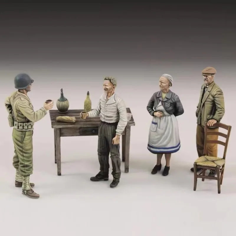 1/35 WWII German Soldiers with Civilians & Table, 4 Figures, Resin Model Figure Kit, Unassembled and Unpainted
