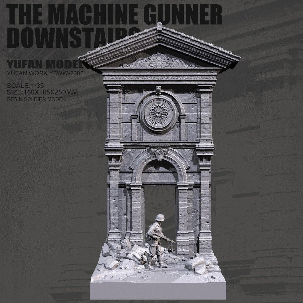 1/35 WWII Damaged Clock Tower Machine Gun Nest, 2 Figures, Resin Model Diorama Kit, Unassembled and Unpainted