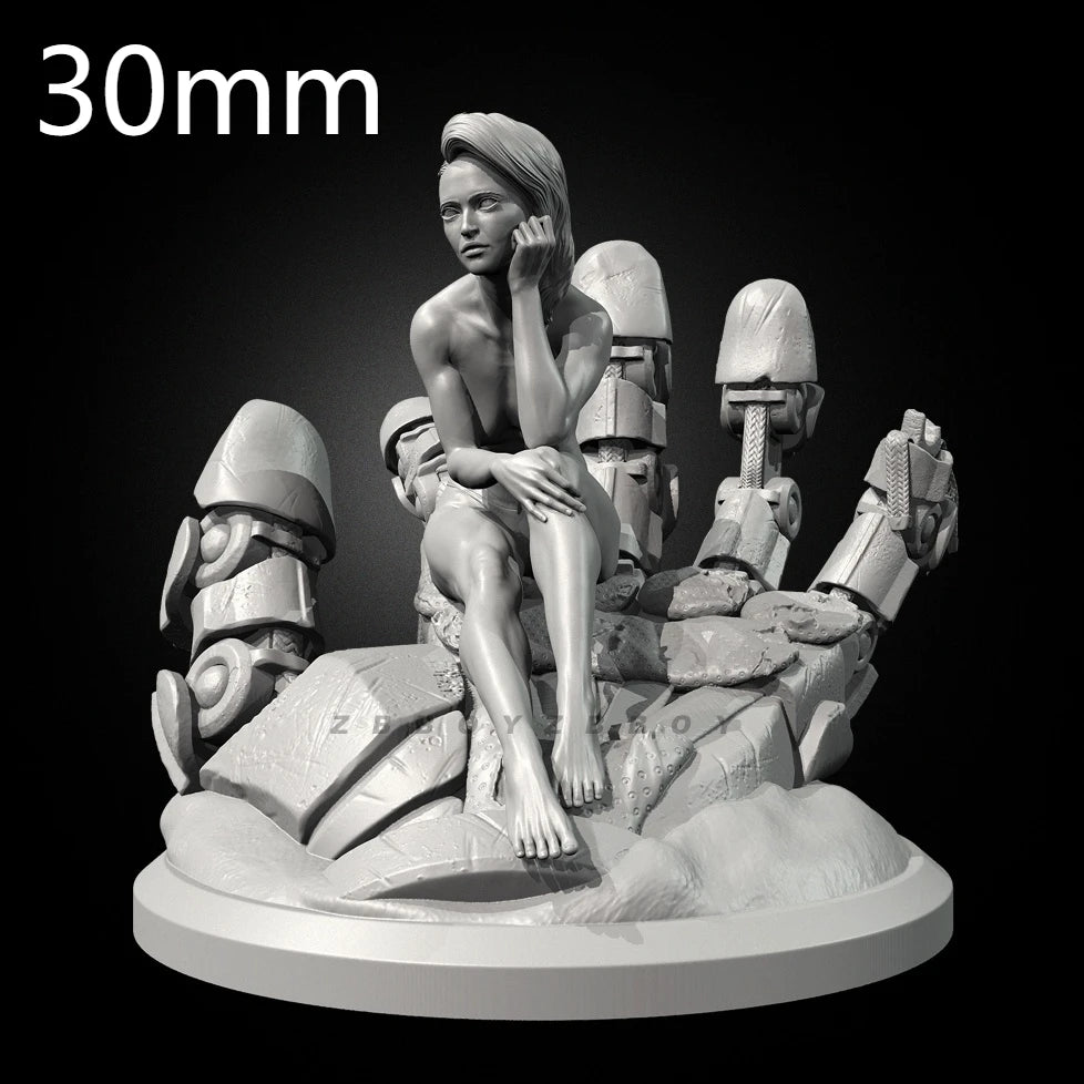 32mm Female Warriors on Mechanical Throne, 7 Figures, Resin Model Diorama Kit, Sci-Fi Theme, Unassembled and Unpainted