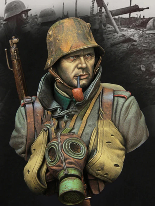 1/10 WWI German Infantryman with Gas Mask and Rifle, Resin Model Bust Kit, Unassembled and Unpainted
