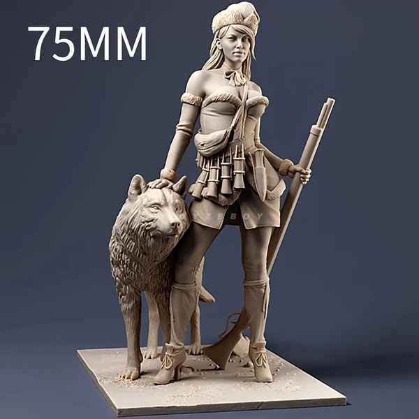 1/24 Female Hunter with War Dog, 2 Figures, Resin Model Figure Kit, Fantasy Theme, Unassembled and Unpainted