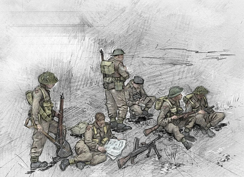 1/35 WWII British Infantry Advancing with Bren Gun, 6 Figures, Resin Model Figure Kit, Unassembled and Unpainted