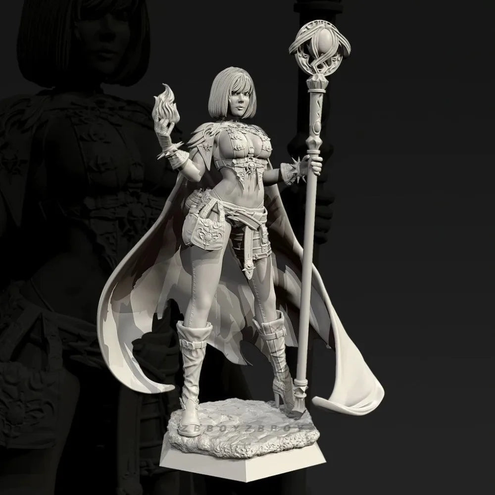 50mm Necromancer with Skull Staff and Flame, Resin Model Figure Kit, Fantasy Theme, Unassembled and Unpainted