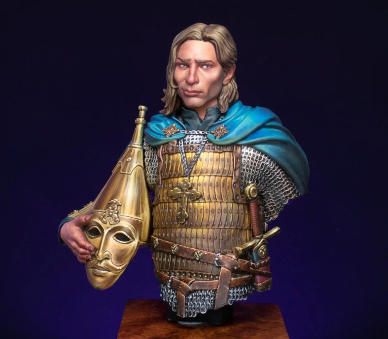 1/12 Medieval Fantasy Warrior with Blue Cloak Holding Golden Mask, Resin Model Bust Kit, Unassembled and Unpainted