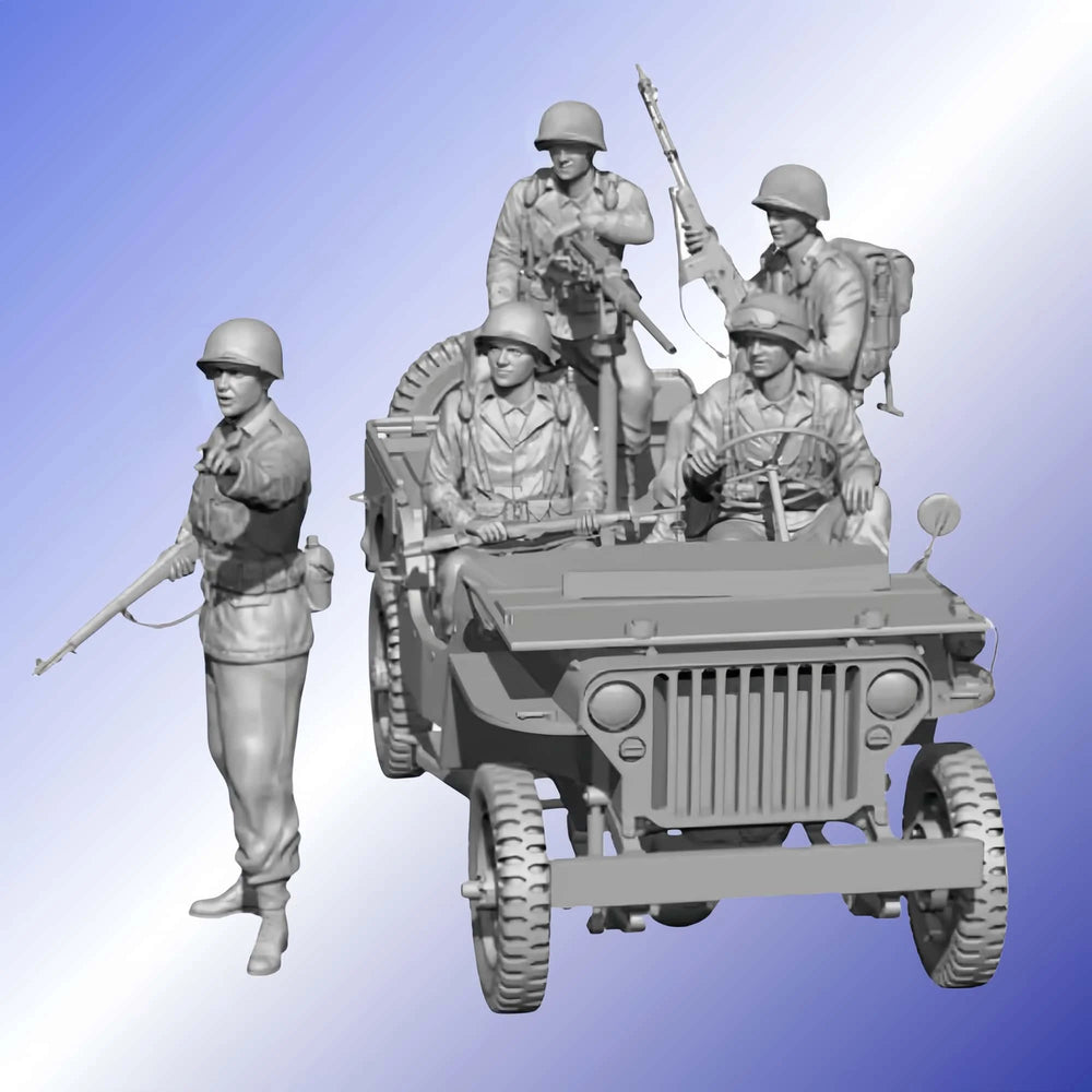 1/35 WWII US Infantry with Willys Jeep, 5 Figures, Resin Model Figure Kit, Unassembled and Unpainted