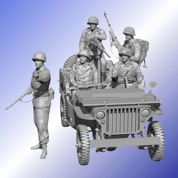 1/35 WWII US Infantry with Willys Jeep, 5 Figures, Resin Model Figure Kit, Unassembled and Unpainted