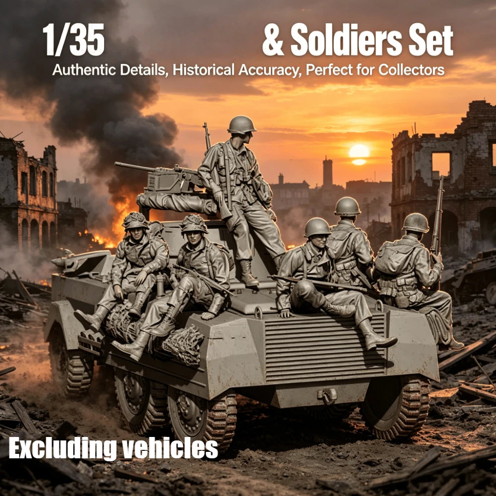 1/35 WWII Infantry Team with Transport, 6 Figures, Resin Model Figure Kit, Unassembled and Unpainted