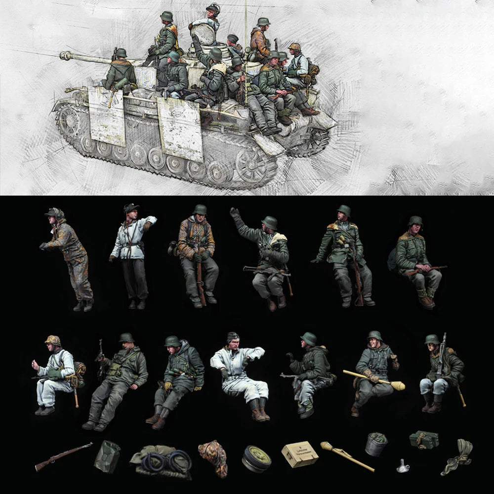 1/35 WWII German Soldiers with Support Crew, 13 Figures, Resin Model Figure Kit, Unassembled and Unpainted