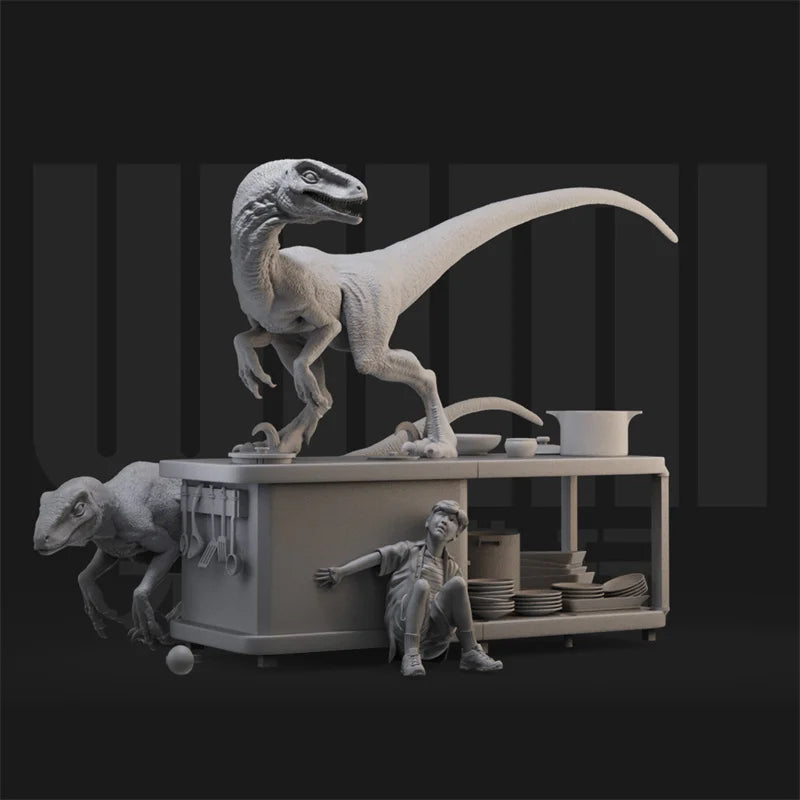 1/18 Jurassic Park Kitchen Dinosaur, 5 Figures, Resin Model Diorama Kit, Sci-Fi Theme, Unassembled and Unpainted