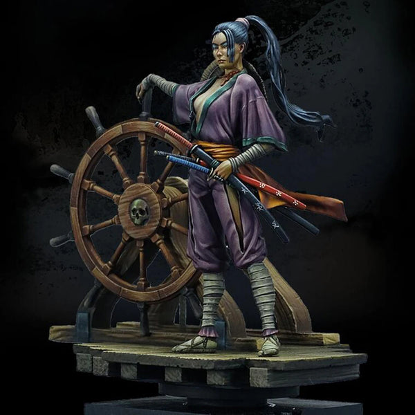 1/24 Female Pirate Captain with Ship Wheel, Resin Model Figure Kit, Fantasy Theme, Unassembled and Unpainted