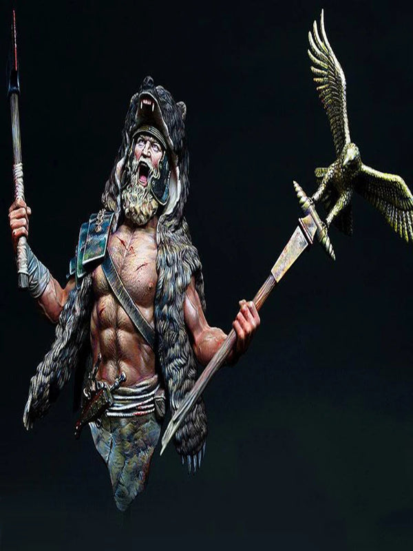 1/12 Ancient Barbarian Warrior with Axe and Raven-Emblazoned Blade, Resin Model Bust Kit, Unassembled and Unpainted