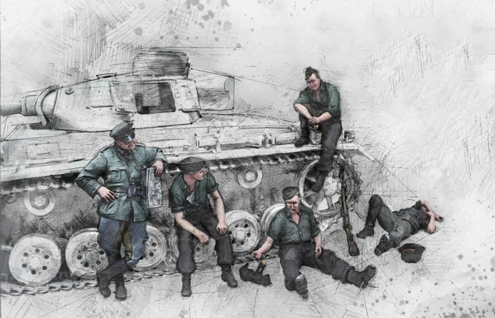 1/35 WWII Soldiers with Armored Vehicle, 5 Figures, Resin Model Figure Kit, Unassembled and Unpainted