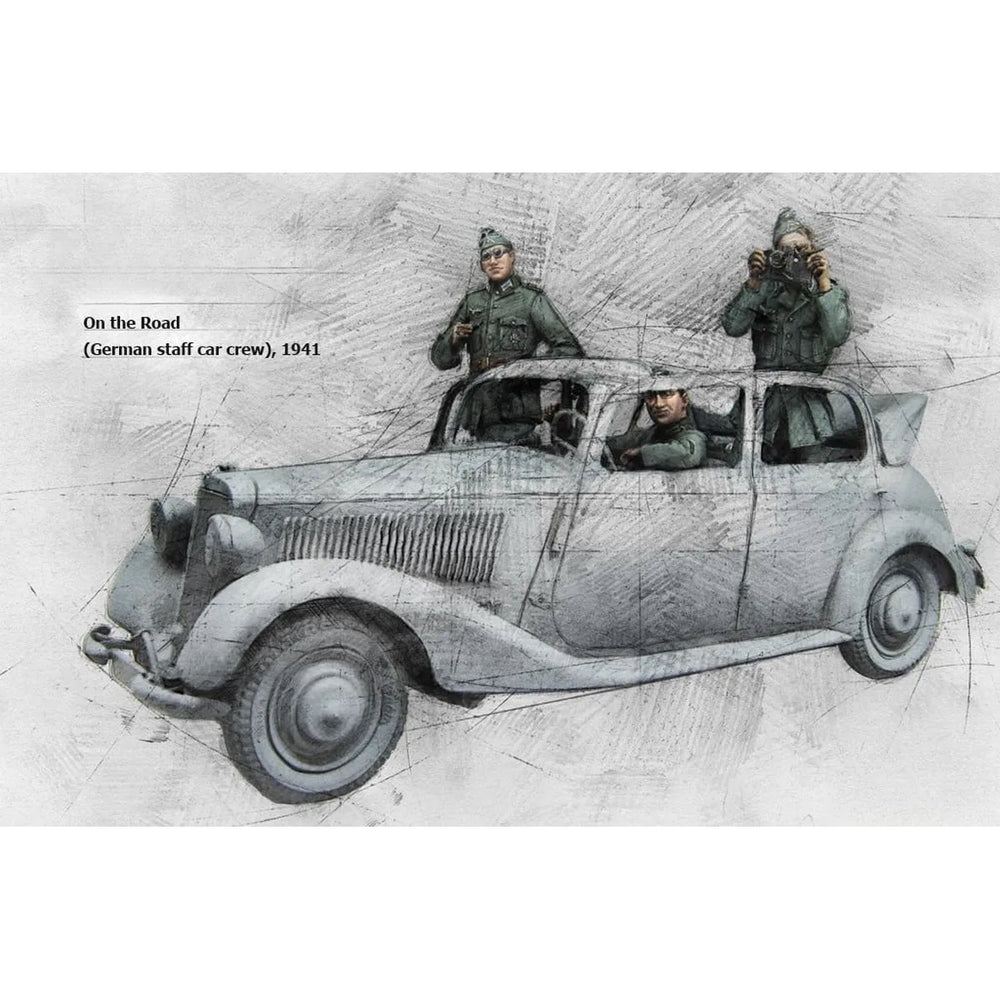 1/35 WWII German Staff Car Group, 3 Figures, Resin Model Vehicle Kit, Unassembled and Unpainted