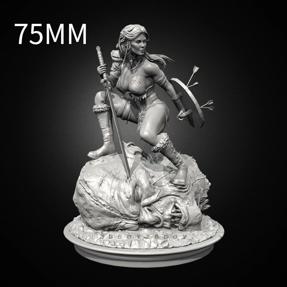 75mm Medieval Barbarian Woman Lunging with Greatsword, Resin Model Figure Kit, Unassembled and Unpainted