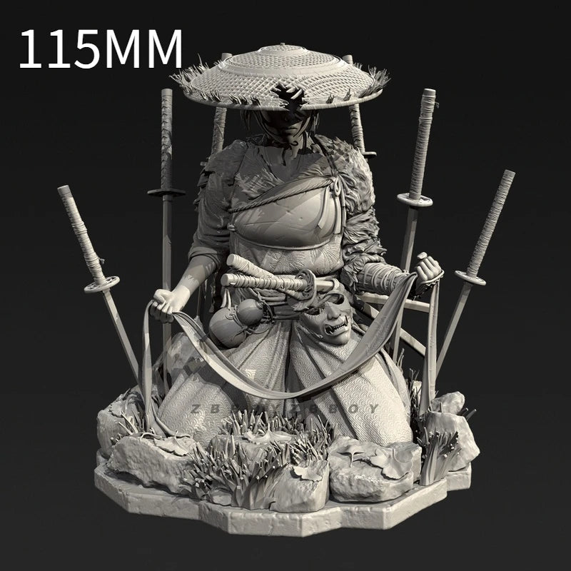 90mm Female Warrior with Conical Hat and Twin Sabers, Resin Model Figure Kit, Fantasy Theme, Unassembled and Unpainted