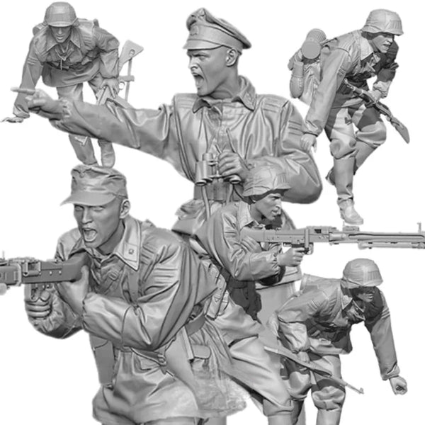 1/35 WWII German Infantry Advancing with Officer in Coat, 7 Figures, Resin Model Figure Kit, Unassembled and Unpainted