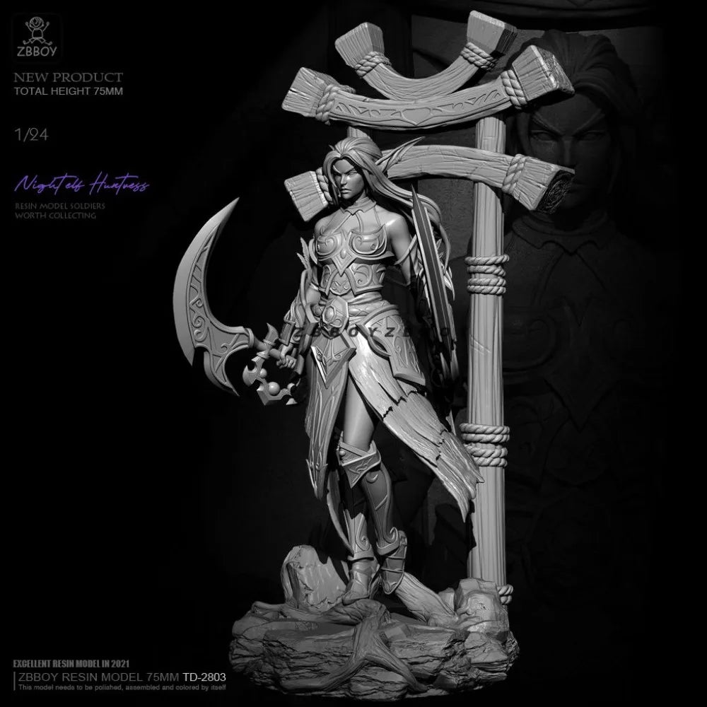 75mm Night Elf Female Hunter, Resin Model Figure Kit, Fantasy Theme, Unassembled and Unpainted