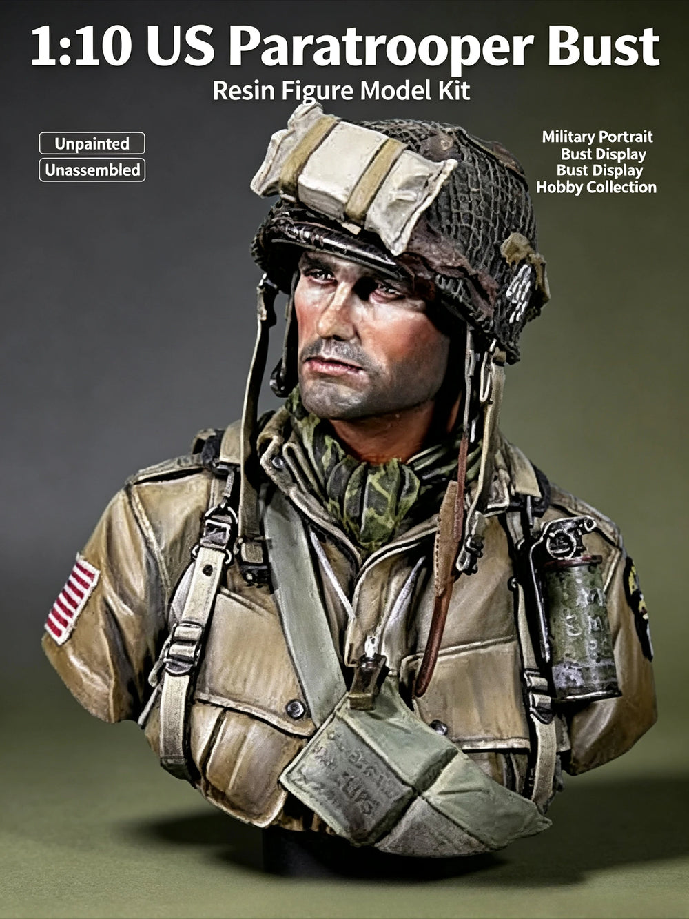 1/10 WWII US Paratrooper Alert with Rifle, Resin Model Bust Kit, Unassembled and Unpainted