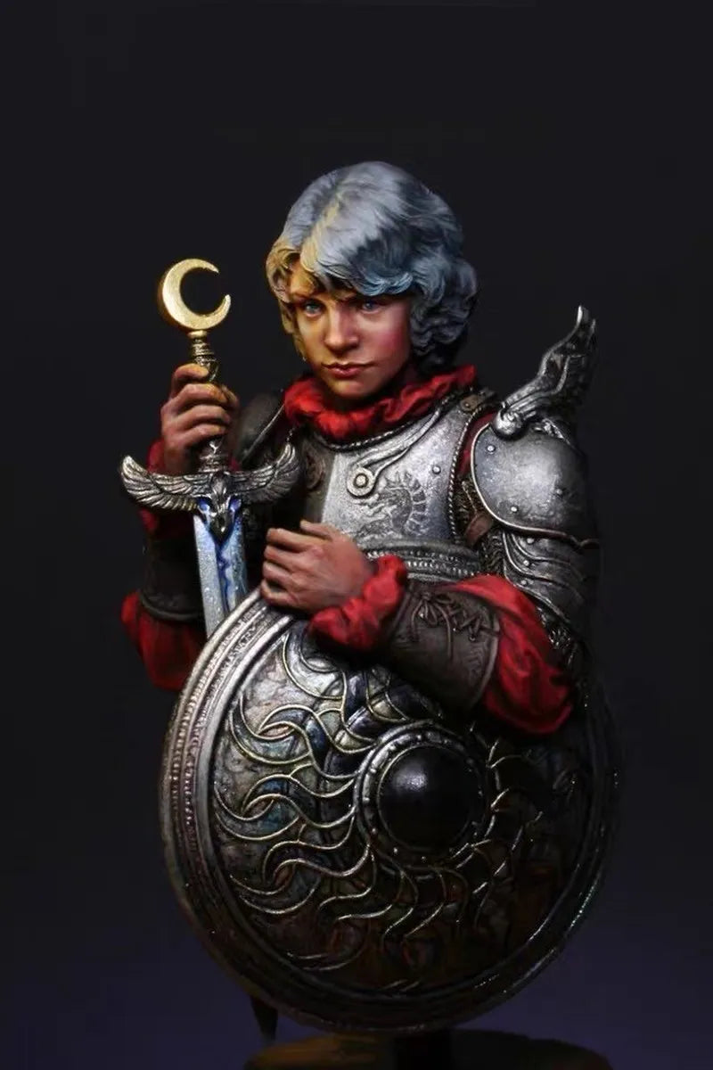 1/10 Medieval Youthful Sorcerer with Crescent Staff and Sword, Resin Model Bust Kit, Unassembled and Unpainted