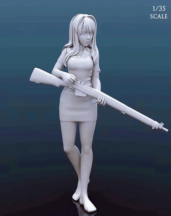1/35 Female Character with Rifle, Resin Model Figure Kit, Anime Theme, Unassembled and Unpainted