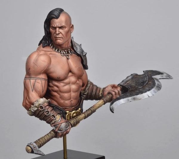 1/10 Dark-Haired Barbarian Wielding Axe and Staff, Resin Model Bust Kit, Fantasy Theme, Unassembled and Unpainted