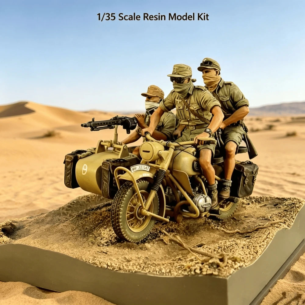 1/35 WWII German Afrika Korps Motorcycle, 3 Figures, Resin Model Figure Kit, Unassembled and Unpainted