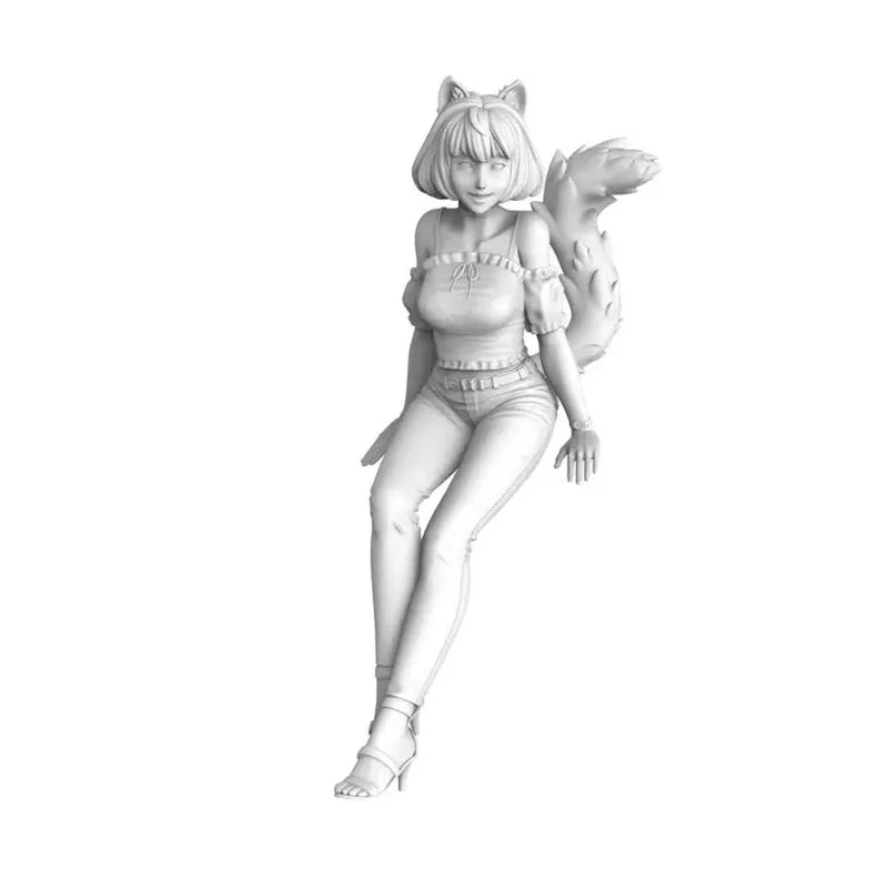 1/35 Action Girl with Fox Companion, Resin Model Figure Kit, Anime Theme, Unassembled and Unpainted