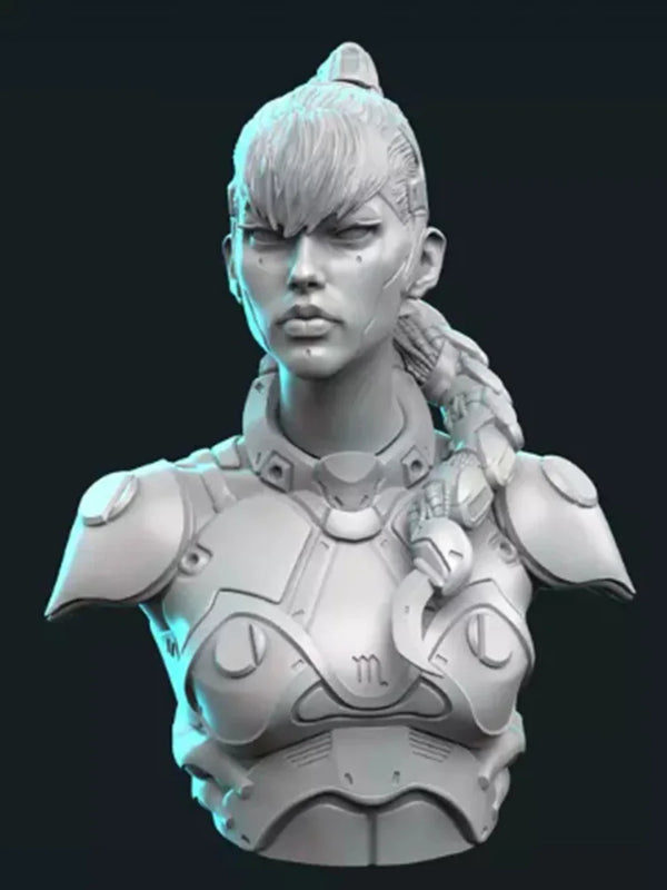 1/12 Pale-Haired Warrior with Facial Marking and Tech Armor, Resin Model Bust Kit, Fantasy Theme, Unassembled and Unpainted