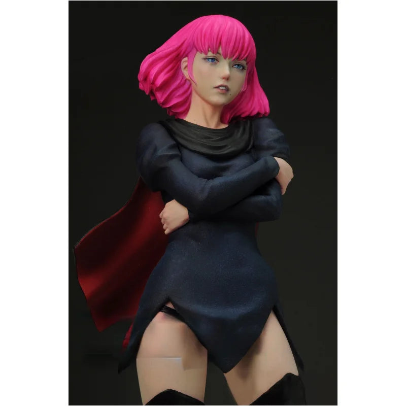 Pink-Haired Female Warrior in Blue Tunic and Red Cape, Resin Model Figure Kit, Anime Theme, Unassembled and Unpainted