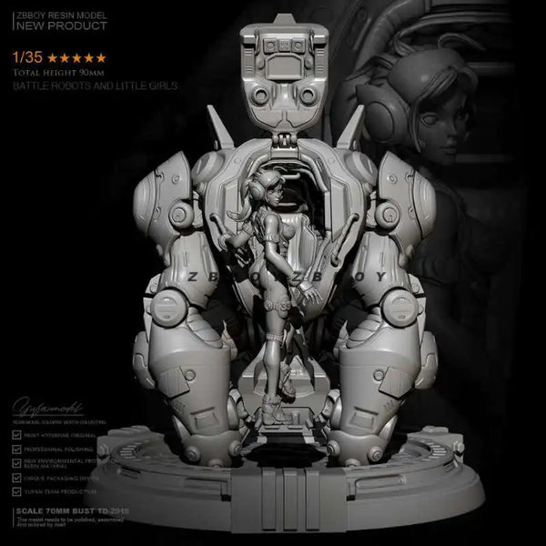 1/35 Mecha Robot with Girl, 2 Figures, Resin Model Figure Kit, Sci-Fi Theme, Unassembled and Unpainted