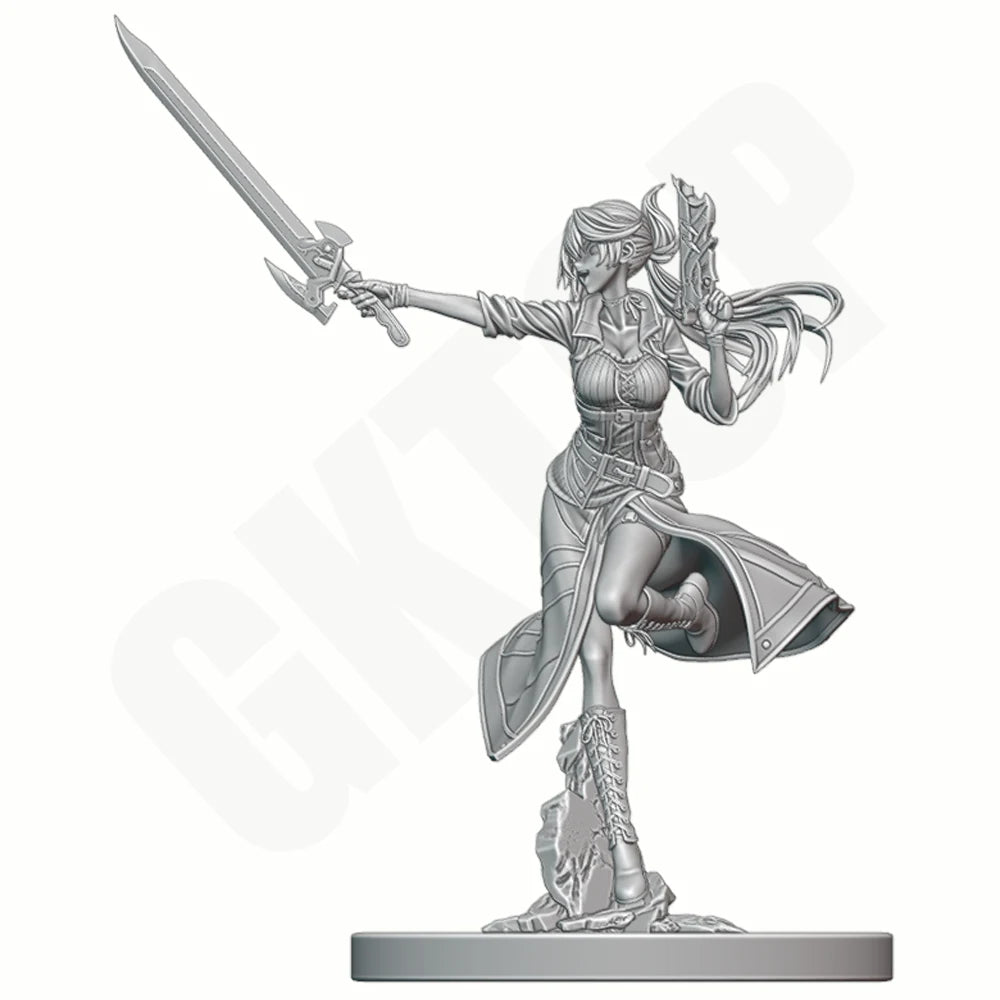 1/24 Magenta-Haired Warrior with Raised Sword, Resin Model Figure Kit, Fantasy Theme, Unassembled and Unpainted