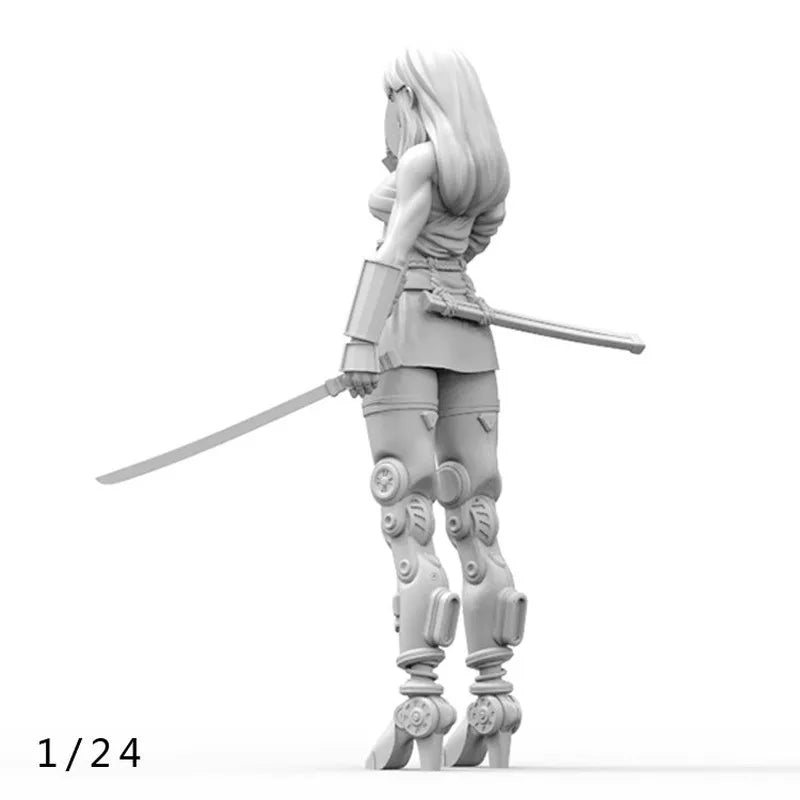 1/24 Female Warrior with Dual Katanas, Resin Model Figure Kit, Anime Theme, Unassembled and Unpainted