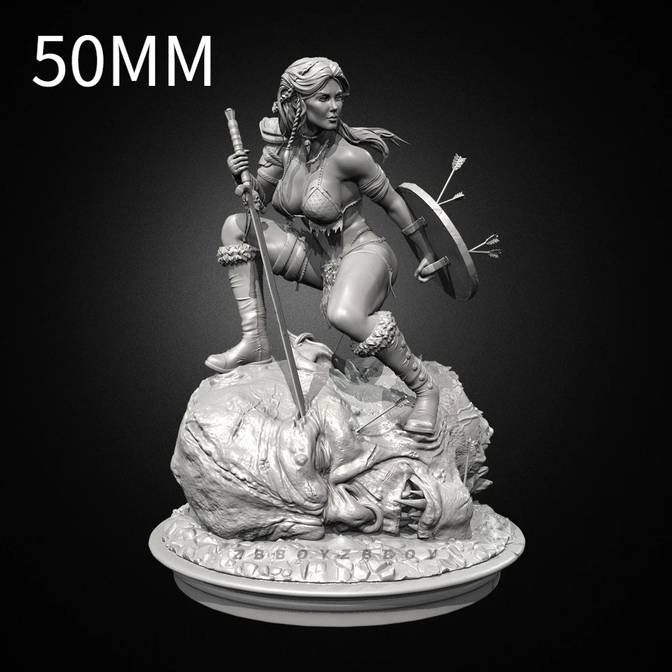 75mm Medieval Barbarian Woman Lunging with Greatsword, Resin Model Figure Kit, Unassembled and Unpainted